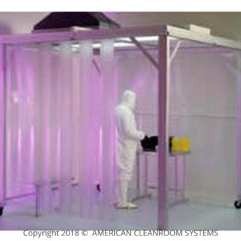 softwall cleanroom, man in white bunny suit, clear vinyl strip curtains,