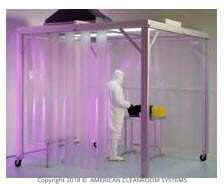 ISO-7, softwall cleanroom, clear vinyl curtains, man in bunny suit, casters