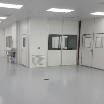 modular cleanroom interior, gray epoxy floor, v