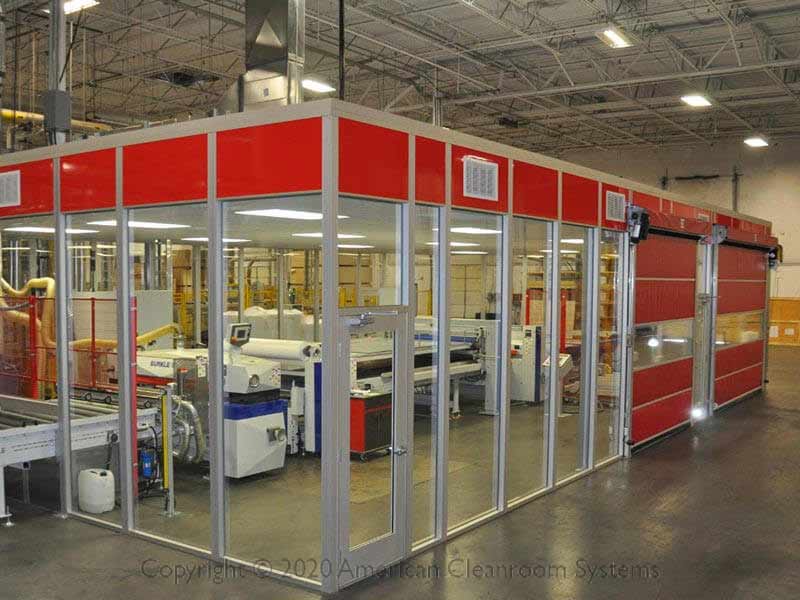 red modular cleanroom, floor to ceiling windows, 2 red rollup doors