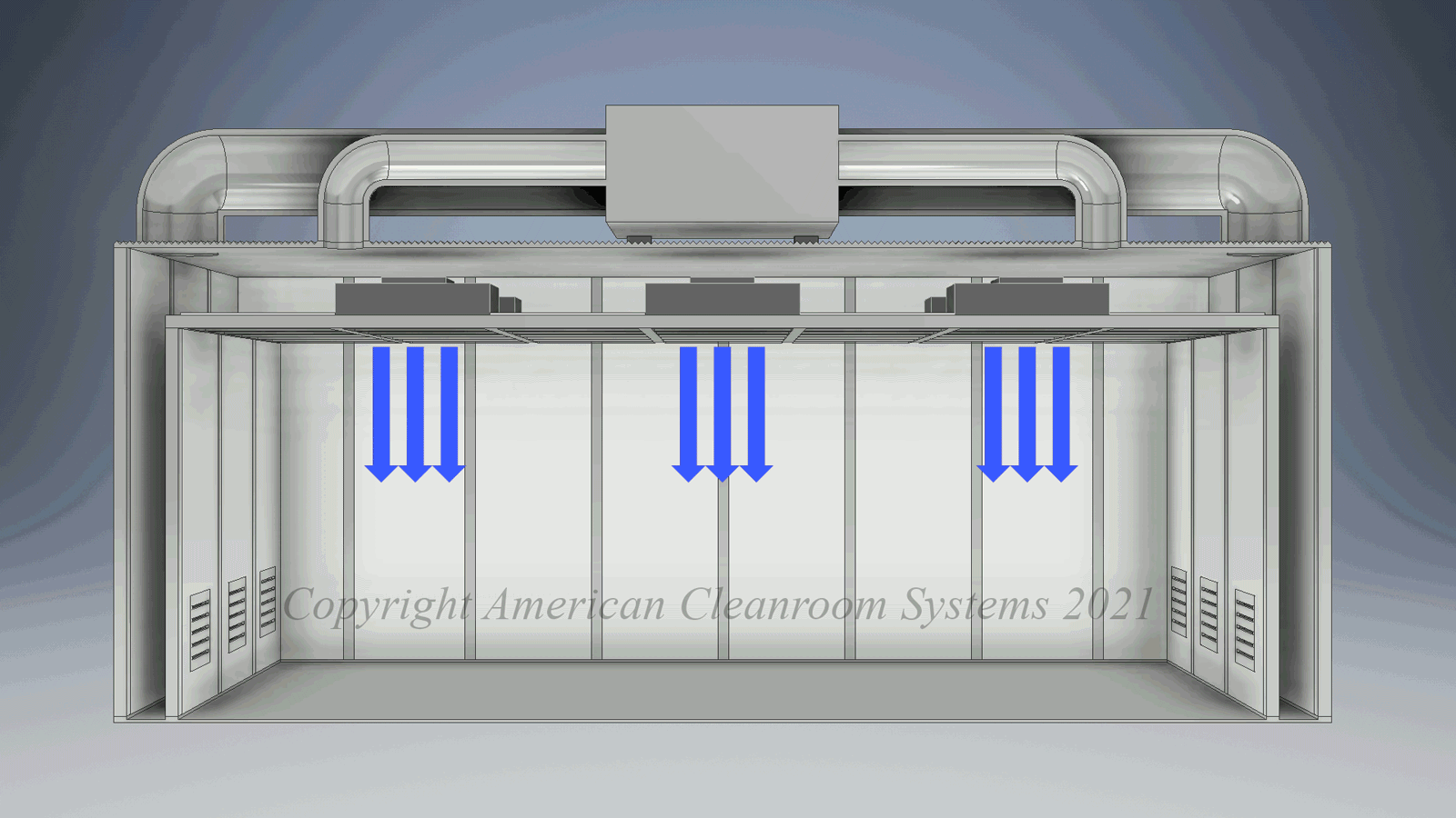 Section view recirculating modular cleanroom, air flows