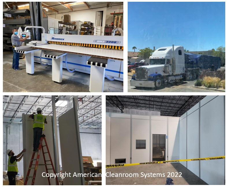 4 images in grid layout, american cleanroom systems truck, cleanroom installation