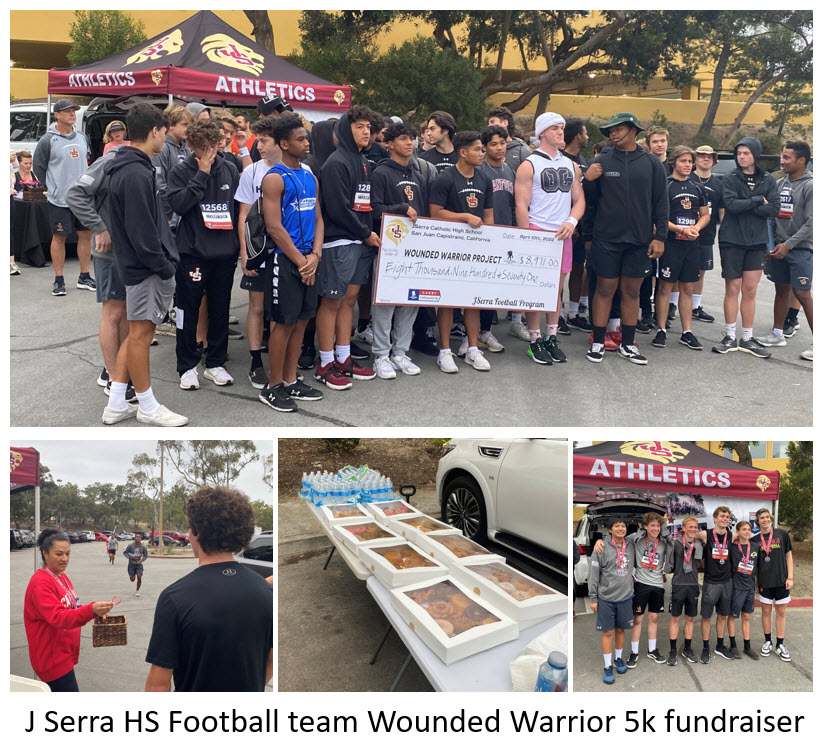 images in a grid layout, football team holding donation from american cleanrooms systems, J serra hs football team wounded warrior fundraiser