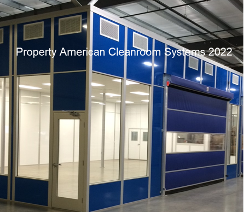 blue modular cleanroom, large blue motorized rollup door