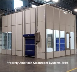 ISO7 modular cleanroom exterior, chemical filling, blue rollup cleanroom doors