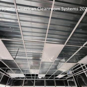 modular cleanroom install step 6, installed cleanroom ceiling grid, installed cleanroom lights, installed HEPA fan filter units