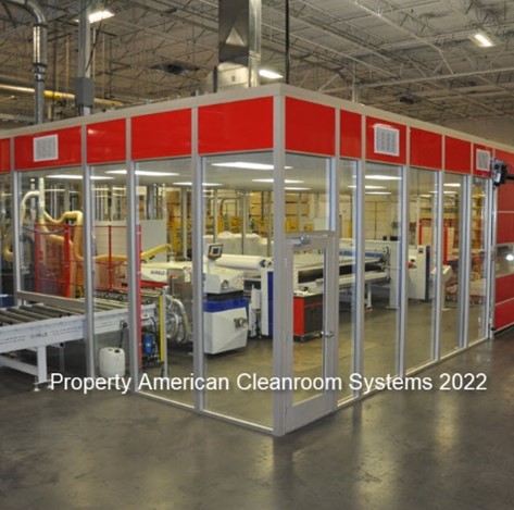 red modular cleanroom exterior, floor to ceiling glass windows
