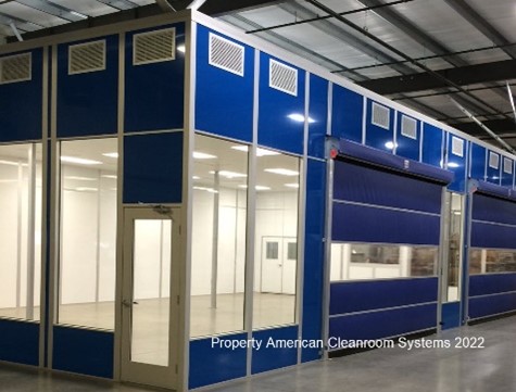 blue cleanroom, large blue roll up doors