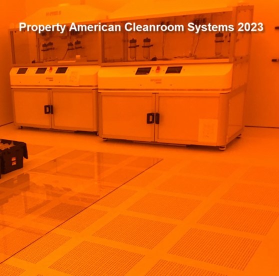 Interior ISO-5 cleanroom, amber color lights, raised cleanroom flooring, fume hoods