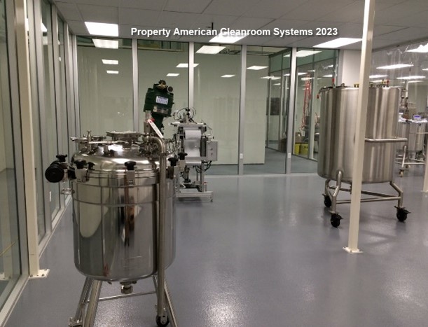 nutraceutical cleanroom, glass walls, stainless steel equipment, interior of ISO-7 cleanroom