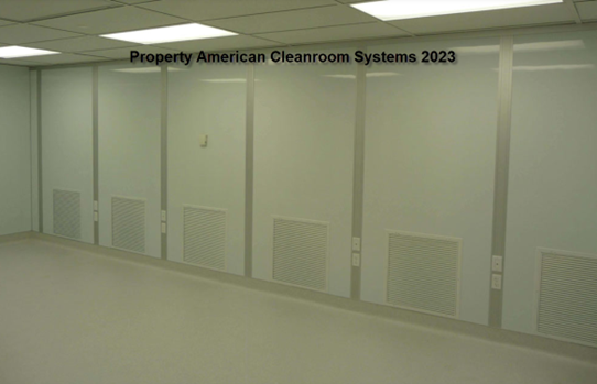 interior ISO-6 cleanroom, large air return walls, integral coved vinyl cleanroom flooring