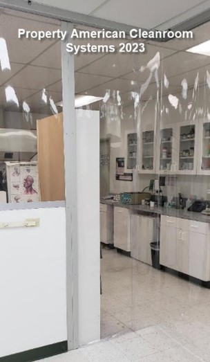 lab area, converted to cleanroom, clear vinyl cleanroom strip curtain entrance