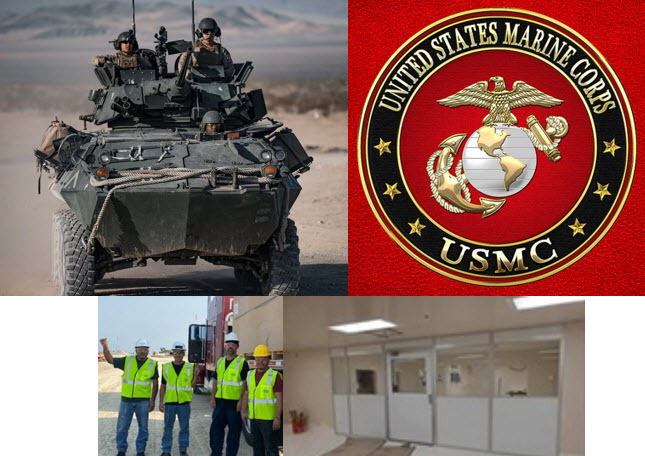marine tank, USMC logo, american cleanroom systems installation crew wearing vest and hard hats, exterior of cleanroom