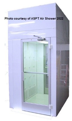 cleanroom air shower, white airshower walls, glass airshower door