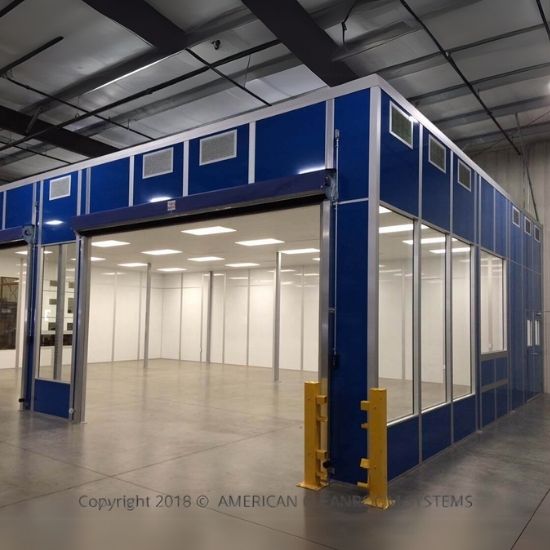 clear vinyl strip curtains, modular cleanroom w FRP walls, cleanroom storefront door