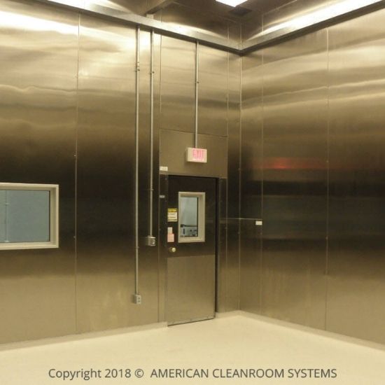 stainless steel cleanroom, heat welded viny floor, silver colored cleanroom walls
