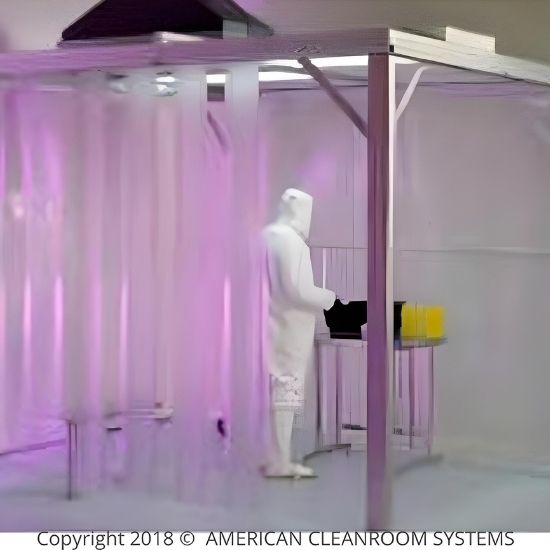 clear vinyl strip curtains, modular cleanroom w FRP walls, cleanroom storefront door