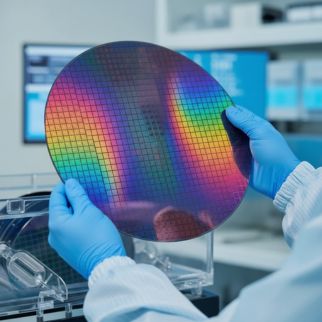 person wearing gloves holding large cleanroom wafer
