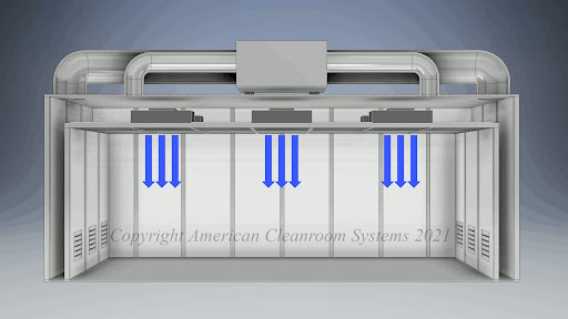 interior of class 1000 modular cleanroom, amber lighting, cleanroom doors, low wall air return